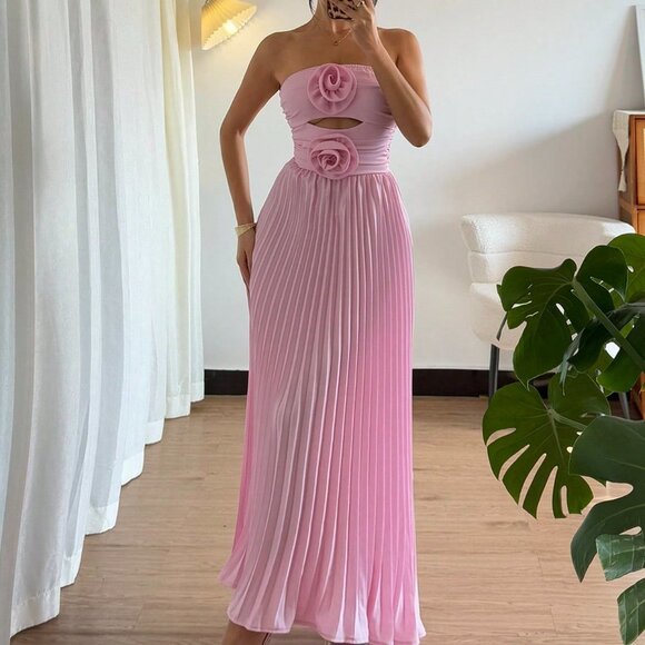 Pink Elegant Women's Strapless Minimalistic Casual Dress - Picture 3 of 6